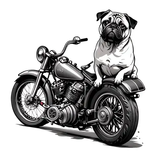 A pug and motorcycle duo in a steampunk-inspired Maine setting tattoo design idea