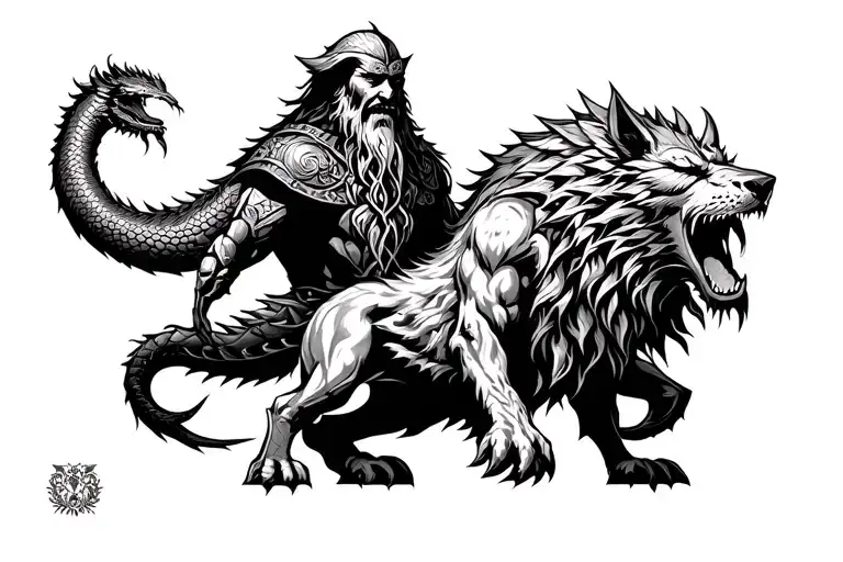 Ragnarök, Odin vs Fenrir & Thor vs Jörmungandr Back Tattoo tattoo design idea