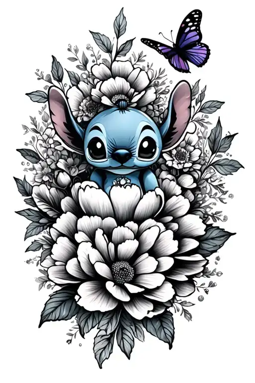 little stitch and peonies and butterfly resting tattoo design idea