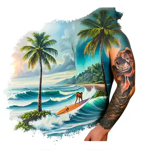 A full-length tattoo on a man's arm. Ocean, palm trees, wild animals, surfing, road, travel tattoo design idea