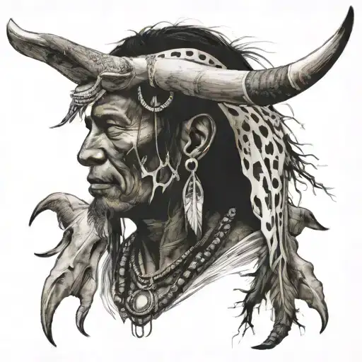 Tribe leader holding longhorn skull tattoo design idea