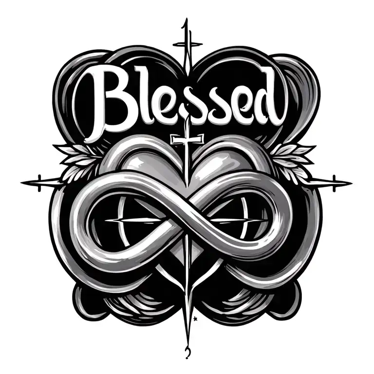 "Blessed" A Tattoo Of A Heart With An Infinity Sign, Including A Cross, compass tattoo design idea