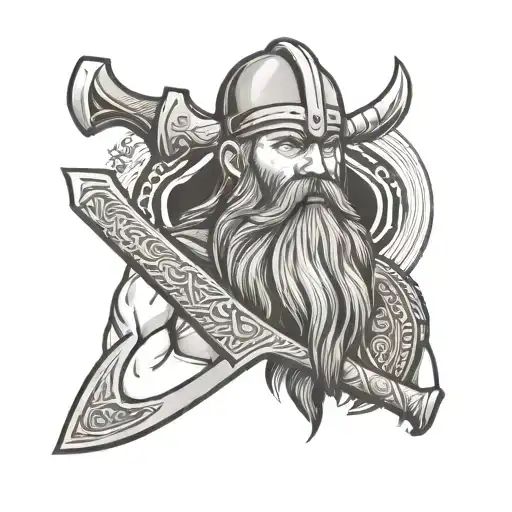 viking long beard axe khaki army uniform tattoo design idea