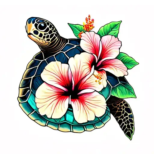 sea turtle with hibiscus on shell tattoo design idea