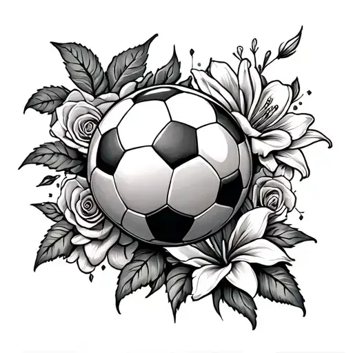 A dynamic tattoo featuring a soccer ball intertwined with roses and lilies, symbolizing the client's love for sports and flowers tattoo design idea