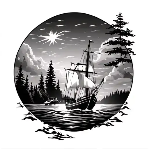 Forrest and boat sailing tattoo design idea