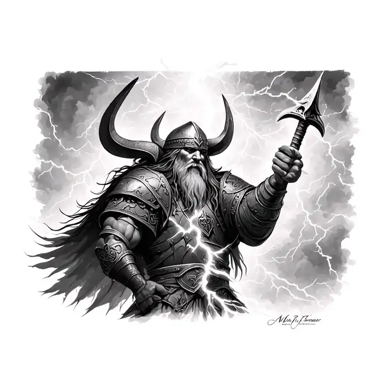 lightning above a viking warrior tattoo design idea