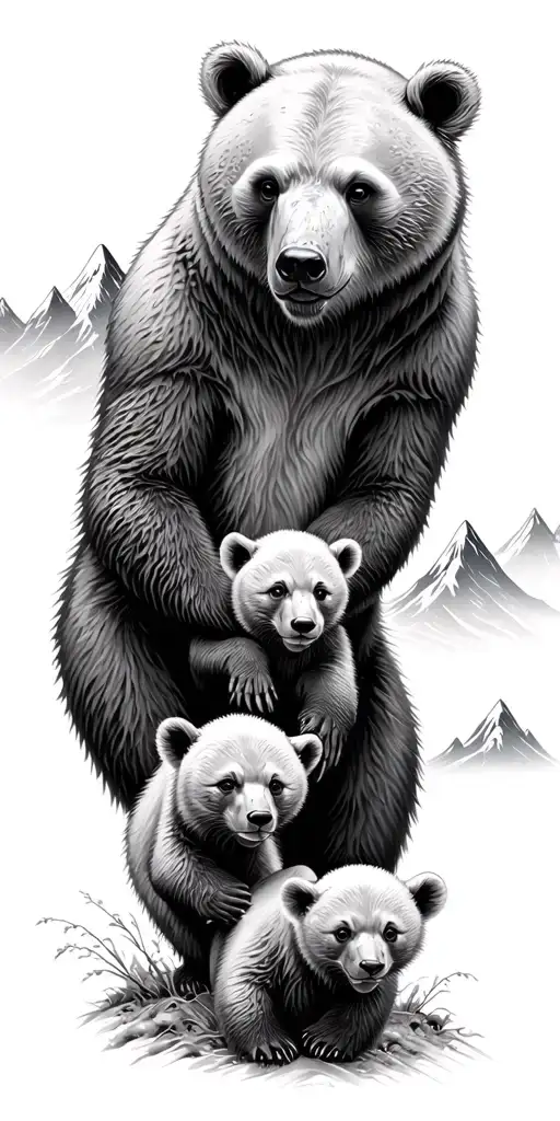 ghost bear with 3 cubs playing in a forest with mountains tattoo design idea