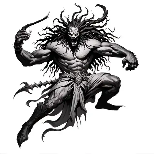 dreadloc warrior battling demons fighting tattoo design idea