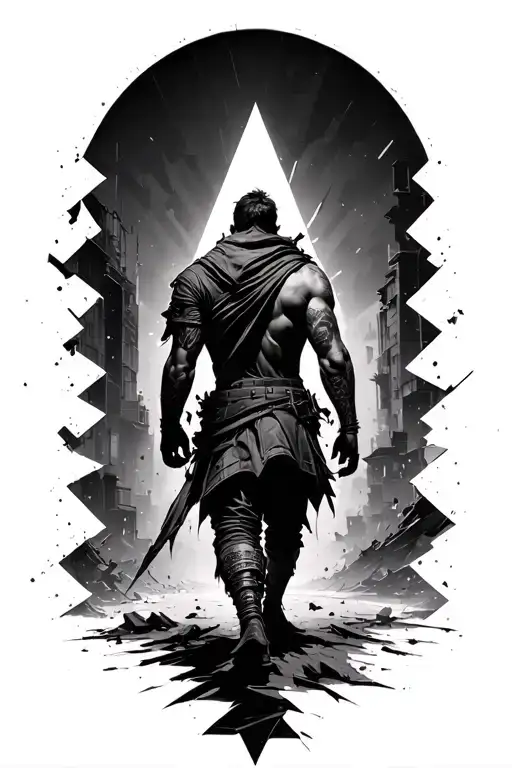 A warrior taking a step through a background of geometric urban destruction toward light. Seen from behind tattoo design idea