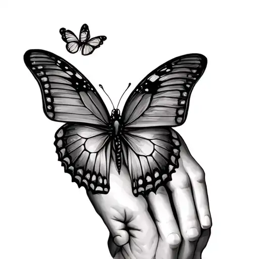 adult hand child hand butterfly resting tattoo design idea