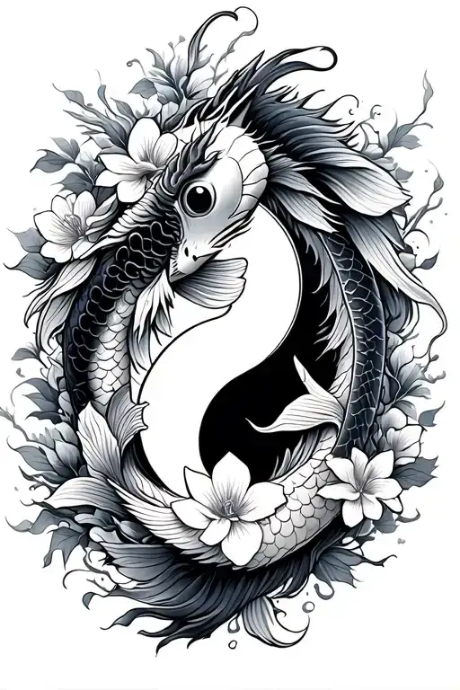 koi fish yin Yang with a dragon and flowers in a cohesive scene tattoo design idea