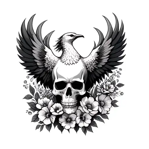 skull, flowers, phoenix,symbol of rebirth, tattoo design idea