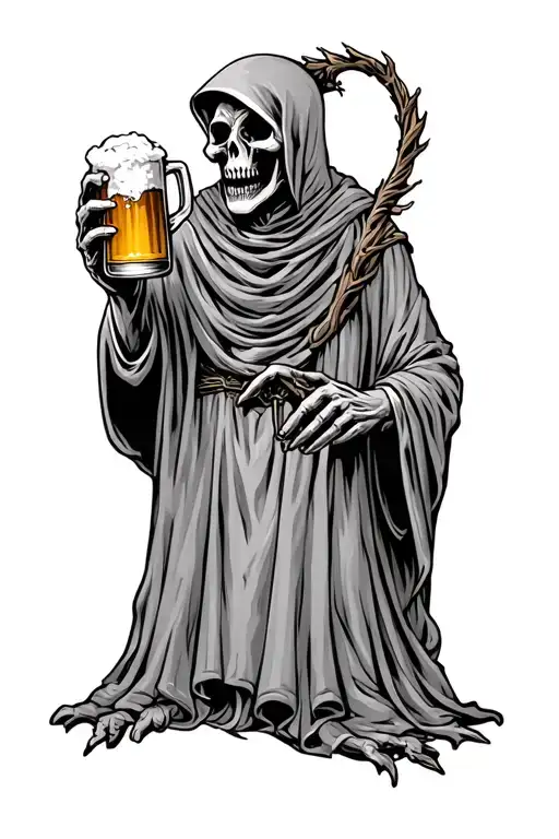 drunk grim reaper holding a beer mug tattoo design idea
