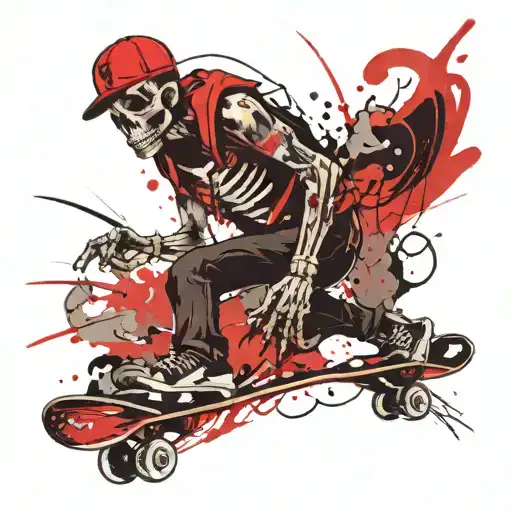 Skeleton wearing a backwards cap, skateboarding, full body. tattoo design idea