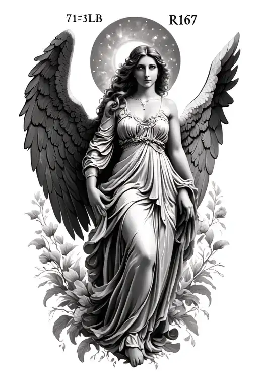 A beautiful and elegant Female guardian angel with the date 7-31-1967, and the initials RLB mixed in somewhere tattoo design idea