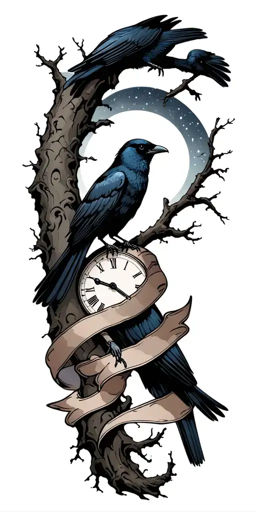 night sky, crows, tree branch, time, ribbon tattoo design idea