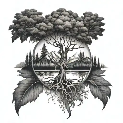roots, wings and mountains and forest tattoo design idea