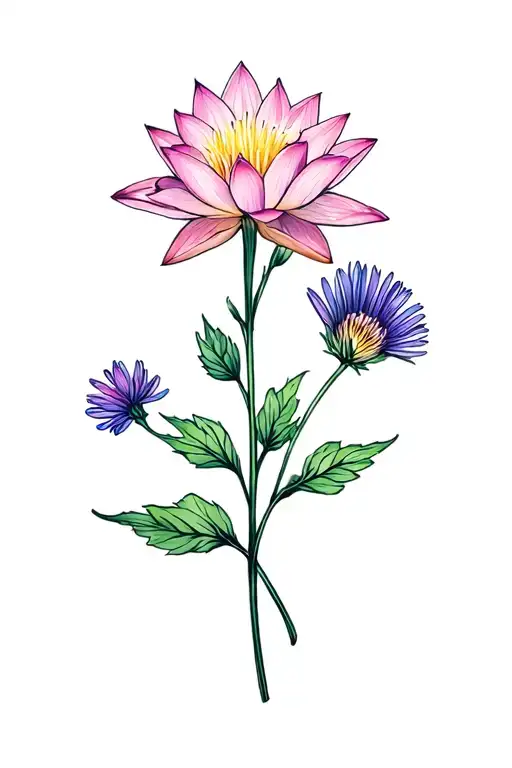 Delphinium, Water Lily, Aster and Morning Glory tattoo design idea