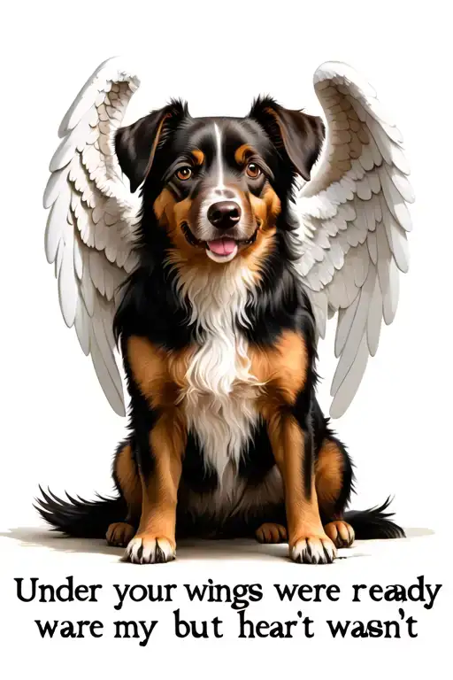 a dog sitting with angel wings and a paw under him with this text under your wings were ready but my heart wasn't  tattoo design idea