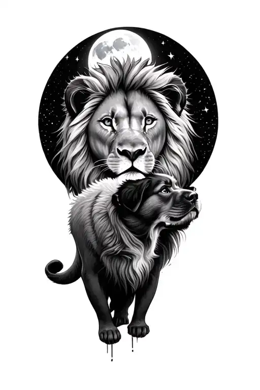 a person rocking, moon, reflection lion and puppy tattoo design idea