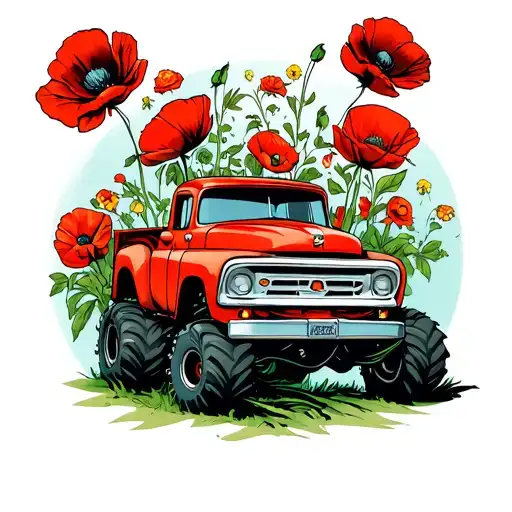 monster trucks poppy flowers growing tattoo design idea