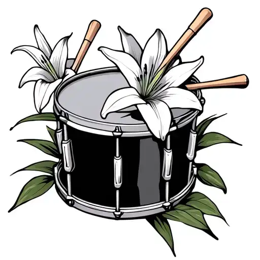 lilys surrounding drumsticks hitting a snare drum tattoo design idea