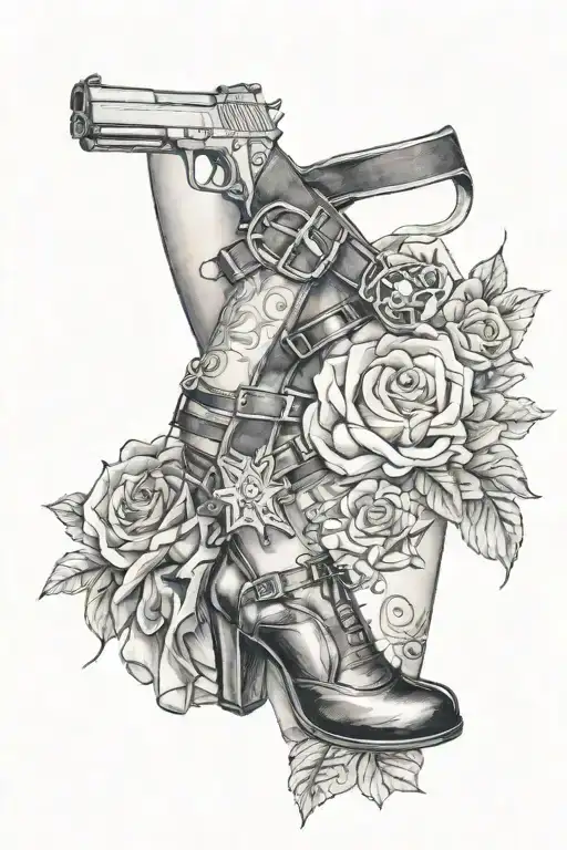 Garter belt with pistol attached to it on a woman's leg tattoo design idea