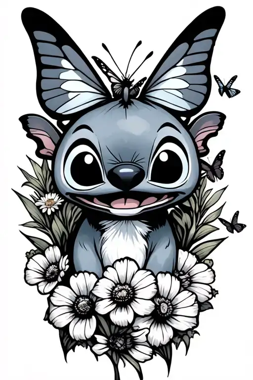  stitch in the middle with a butterfly landing on his nose a few more flying around and dafasials and gaidoils  tattoo design idea