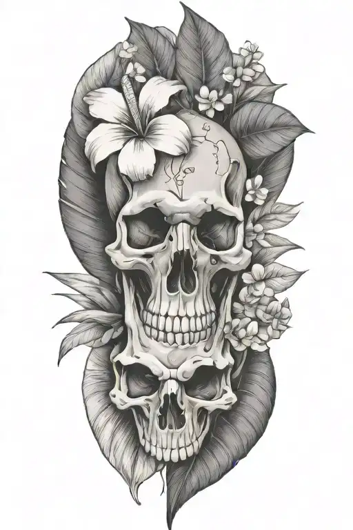 tropical leaves with flowers and dinosaur skull tattoo design idea