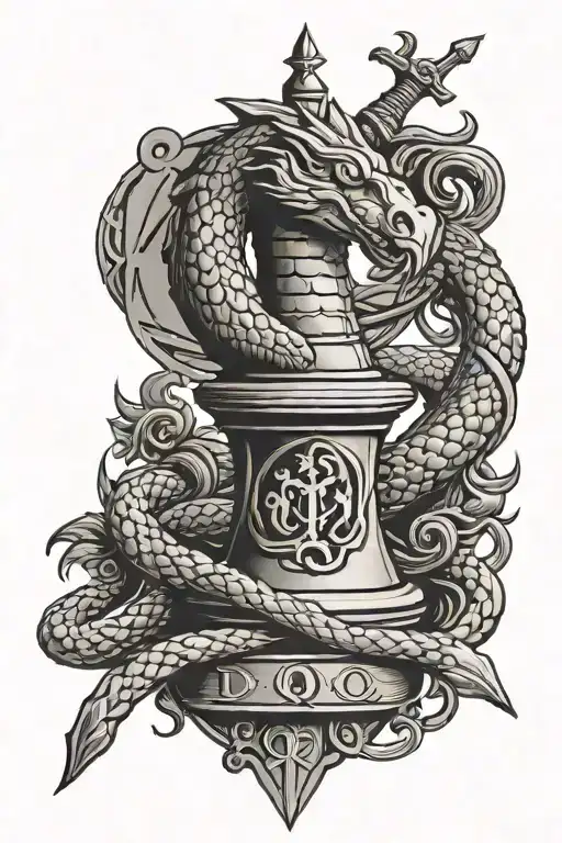 Rook chess piece with snake wrapped round with crossed swords in background on rook chess peice it says D.F.Q. tattoo design idea