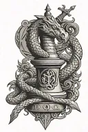 Rook chess piece with snake wrapped round with crossed swords in background on rook chess peice it says D.F.Q. tattoo design idea