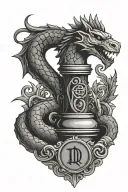 Rook chess piece with snake wrapped round with crossed swords in background on rook chess peice it says D.F.Q. tattoo design idea