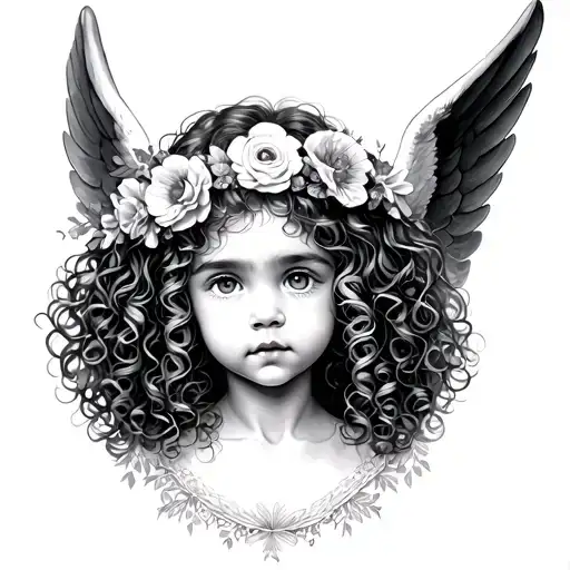 Angel Baby curly hair with flower crown tattoo design idea