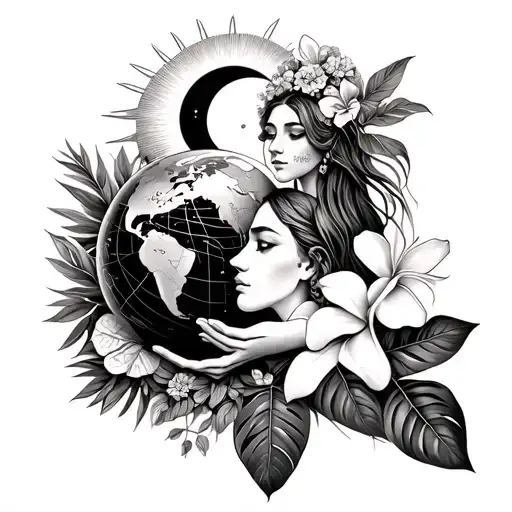 goddess holding globe surrounded by tropical plants, frangipani, monstera, moon and sun over her head, with astrological tattoo design idea