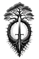 Tree of life with a sword in the middle, split,  roots going down to a point, branches going upwards stretching out acro tattoo design idea