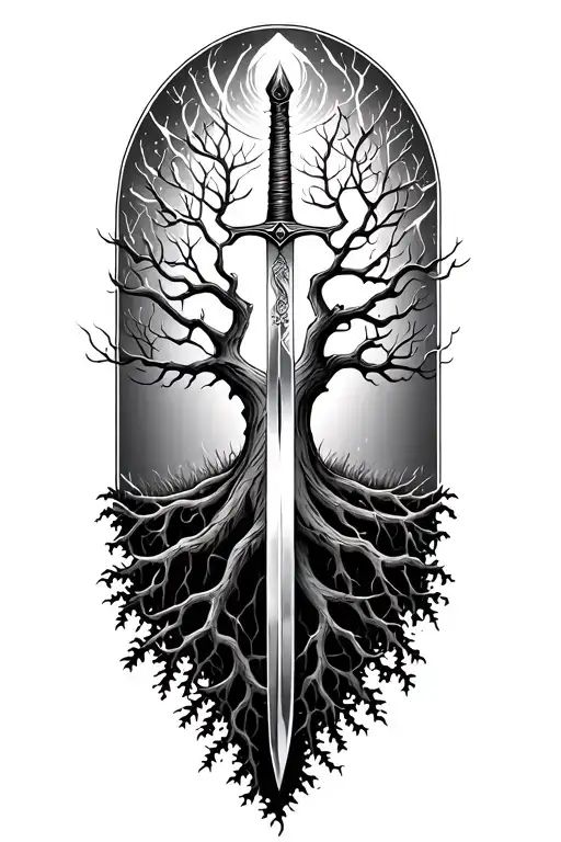 Tree of life with a sword in the middle, split,  roots going down to a point, branches going upwards stretching out acro tattoo design idea