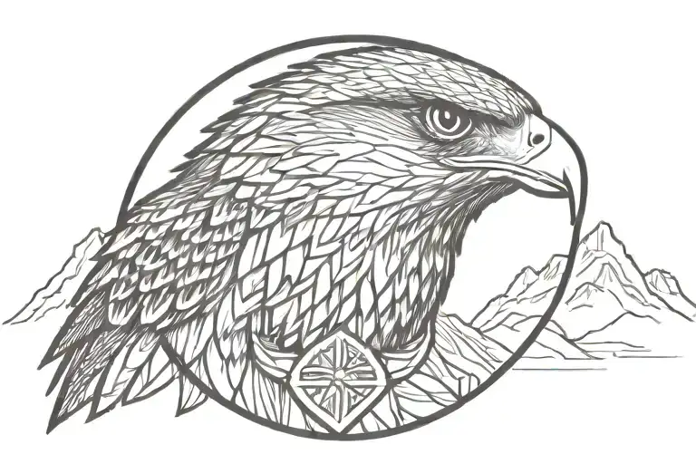 falcon head in center of rocky mountains tattoo design idea