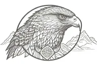falcon head in center of rocky mountains tattoo design idea