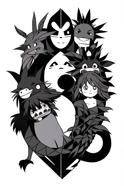 elongated geometric tattoo, with the following Studio Ghibli characters: No-Face, Chihiro, Dragon Haku, Laputa, Totoro tattoo design idea