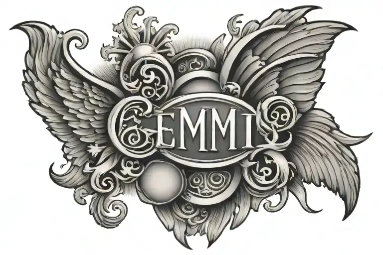 the word Gemini with sun rays radiating tattoo design idea