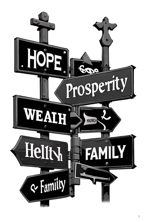 street signs with hope, prosperity, wealth, helth and family  tattoo design idea