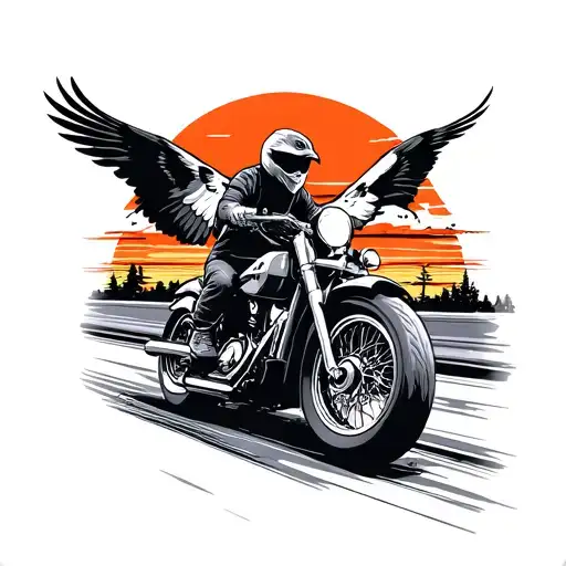 motorbike riding into sunset on highway with eagle in the sky above it tattoo design idea
