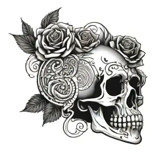 skull, roses, music tattoo design idea