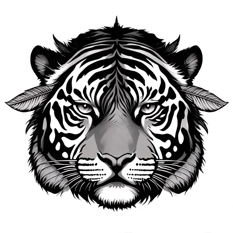 Small Tiger with hollow strips through face with one eye showing, tree of life, black tribal women with her feather head tattoo design idea