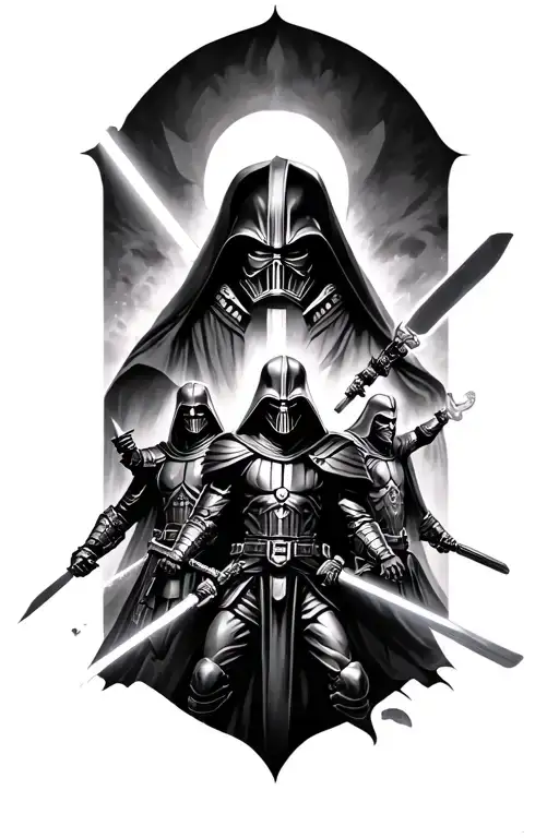 a large battle with one side featuring the brotherhood of Steele paladin and Jedi fighting caesars legion and the sith tattoo design idea