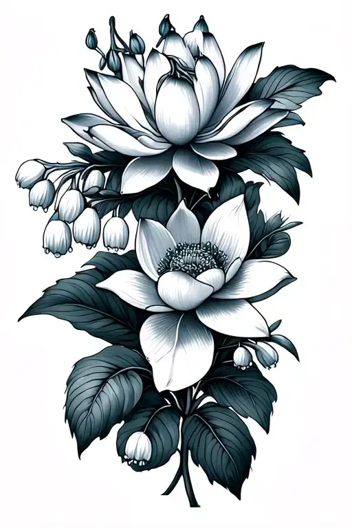 blavl and white lotus flower with bluebell flower and lily of the valley flower extending up to elbow tattoo design idea