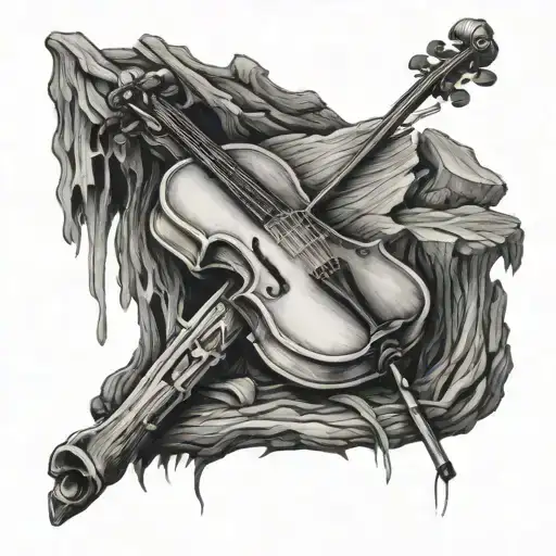 fiddle leaning on a stump in the ground with a cross on the fiddle tattoo design idea