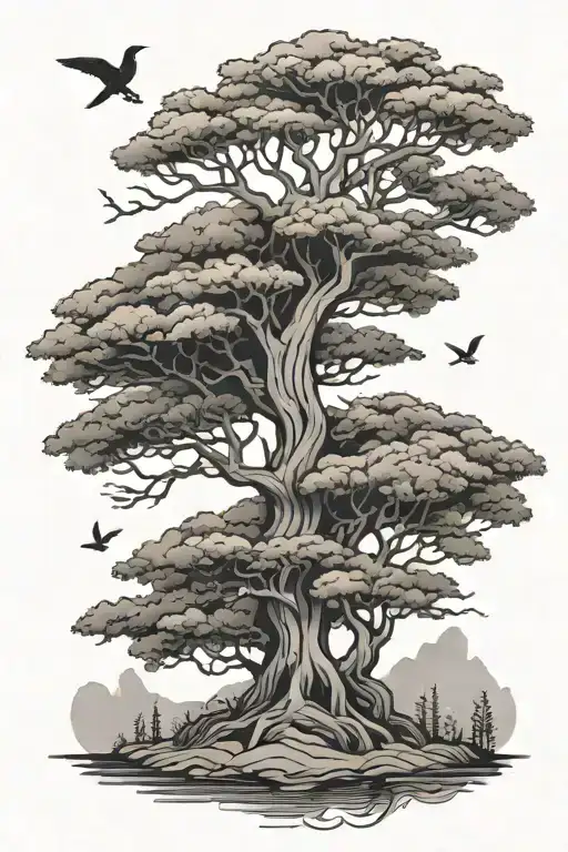 a tattoo design inspired by the Persian cypress tree, incorporating traditional Iranian art tattoo design idea