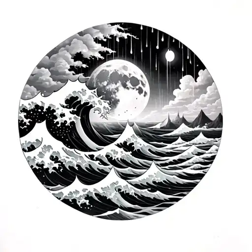 i want a black and grey tattoo sleeve featuring a night sky and a moon with rain clouds flooding into japanese waves tattoo design idea